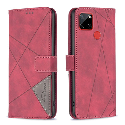 Red leather phone case with rhombus texture, magnetic buckle flip cover, card slot