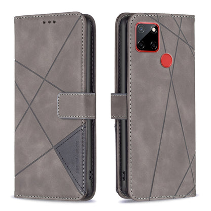 Grey leather phone case with rhombus texture, magnetic buckle flip cover, card slot