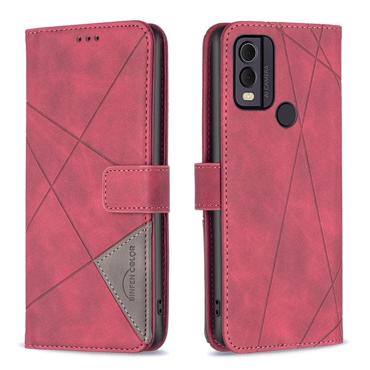 Red leather phone case with rhombus texture, magnetic buckle, flip cover