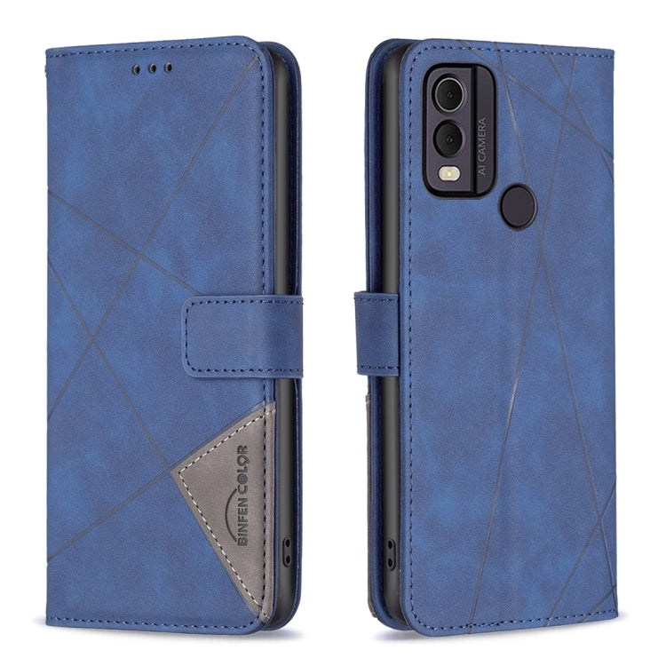Blue leather phone case with rhombus texture, magnetic buckle, flip cover