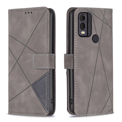 Dark grey leather phone case with rhombus texture, magnetic buckle, flip cover