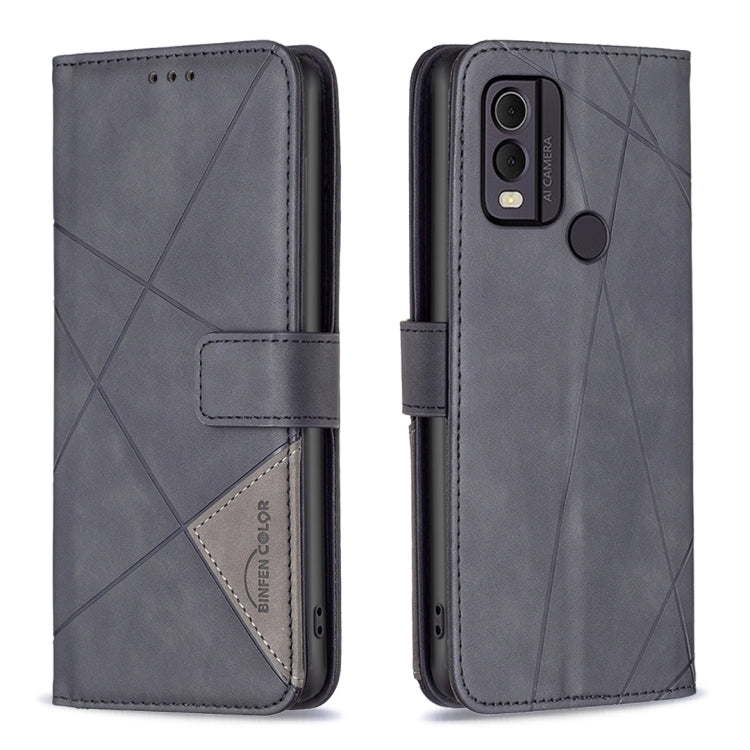 Grey leather flip phone case with rhombus texture and magnetic buckle closure