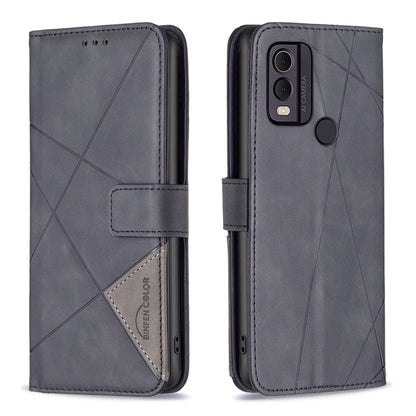 Grey leather flip phone case with rhombus texture and magnetic buckle closure