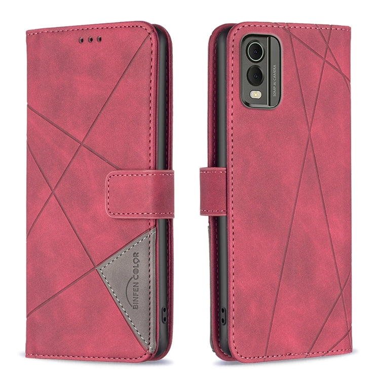 Red leather flip phone case with rhombus texture and magnetic buckle closure