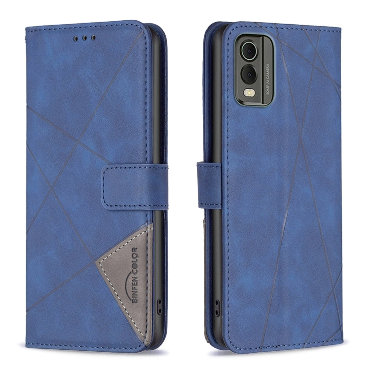 Blue leather flip phone case with rhombus texture and magnetic buckle closure