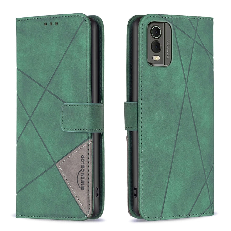 Green leather flip phone case with rhombus texture and magnetic buckle closure