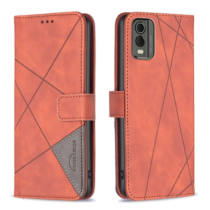Red leather phone case with rhombus texture, magnetic buckle closure, card holder flap