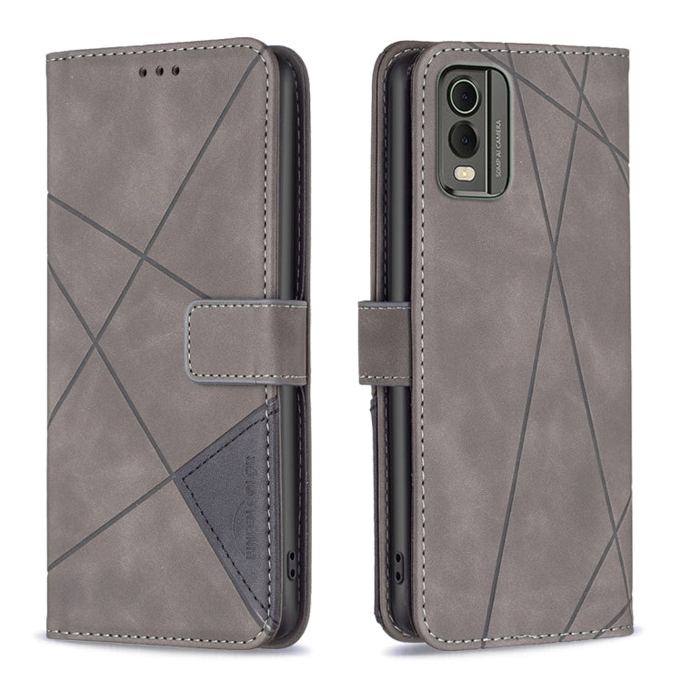 Grey leather phone case with rhombus texture, magnetic buckle closure, card holder flap
