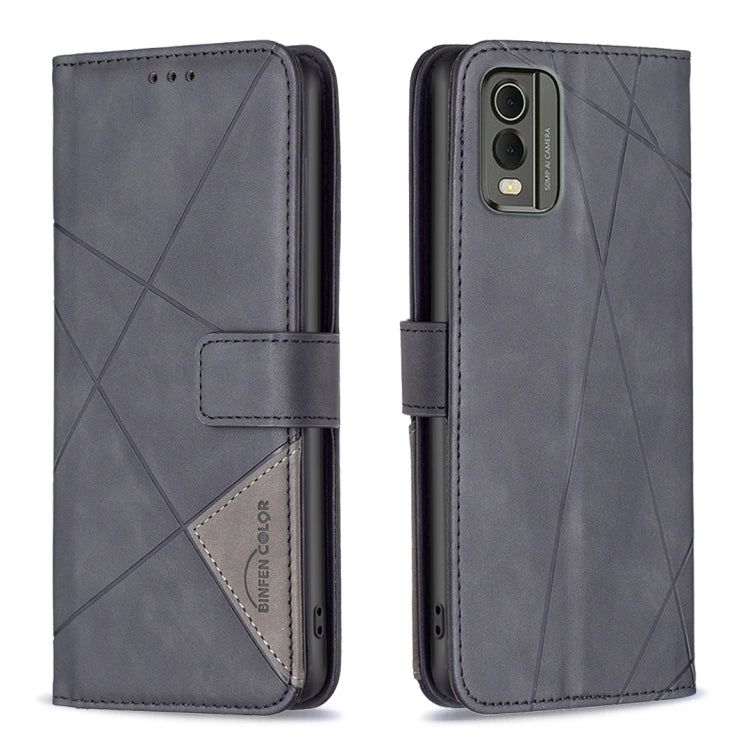 Dark grey leather phone case with rhombus texture, magnetic buckle closure, card holder flap
