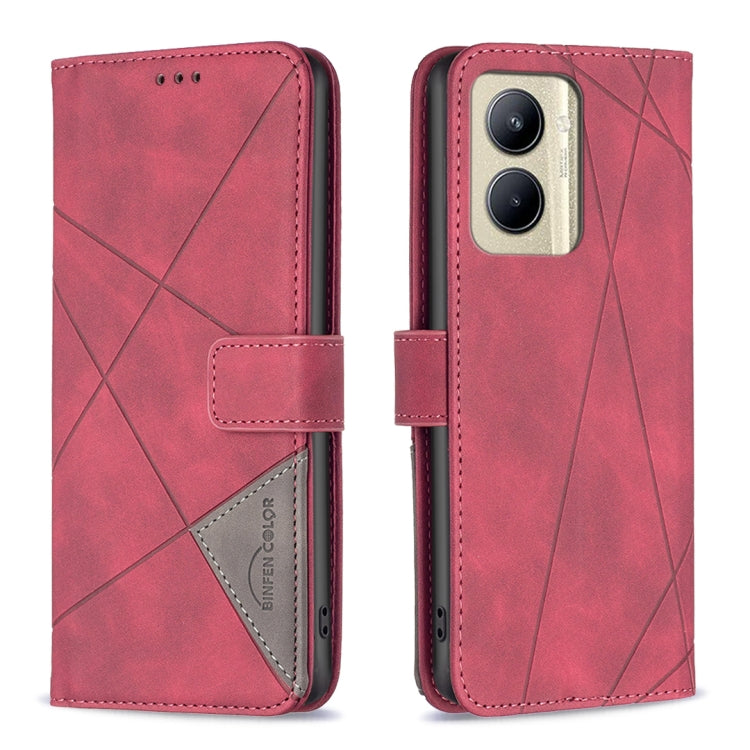 Pink/red leather phone case with rhombus texture, magnetic buckle closure, card holder flap
