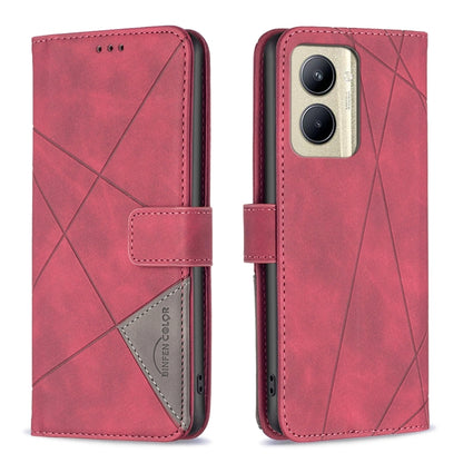 Pink/red leather phone case with rhombus texture, magnetic buckle closure, card holder flap