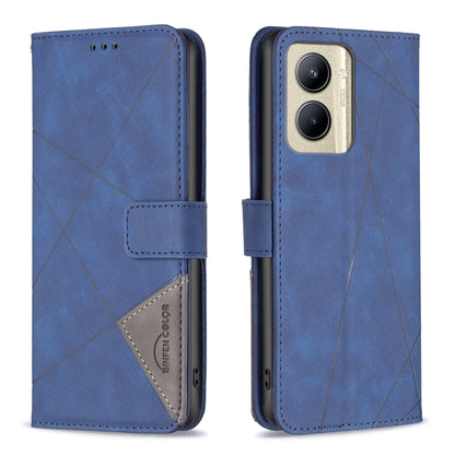 Blue leather phone case with rhombus texture, magnetic buckle closure, card holder flap