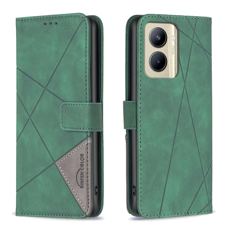Green leather phone case with rhombus texture, magnetic buckle closure, card holder flap