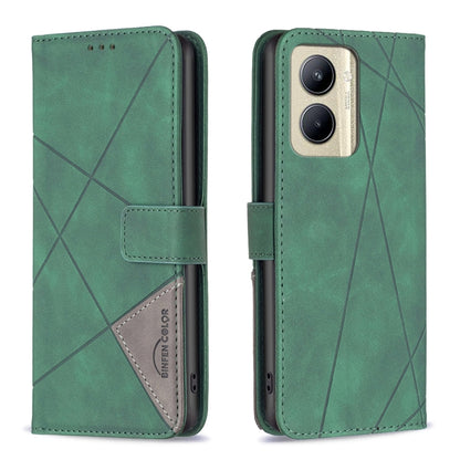Green leather phone case with rhombus texture, magnetic buckle closure, card holder flap