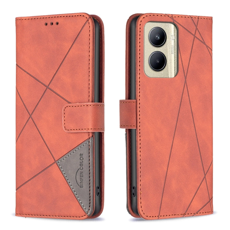 Orange-red leather phone case with rhombus texture, magnetic buckle closure, card holder flap
