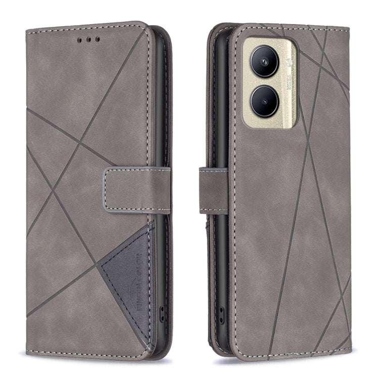 Light grey leather phone case with rhombus texture, magnetic buckle closure, card holder flap