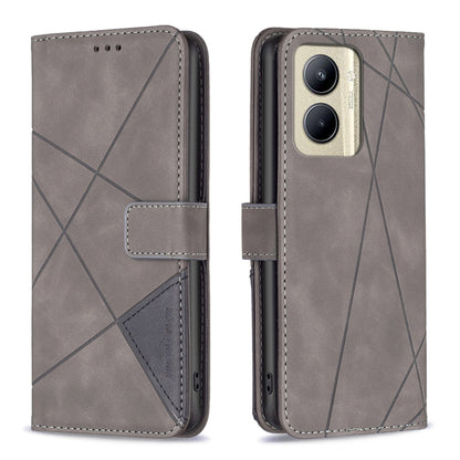 Light grey leather phone case with rhombus texture, magnetic buckle closure, card holder flap