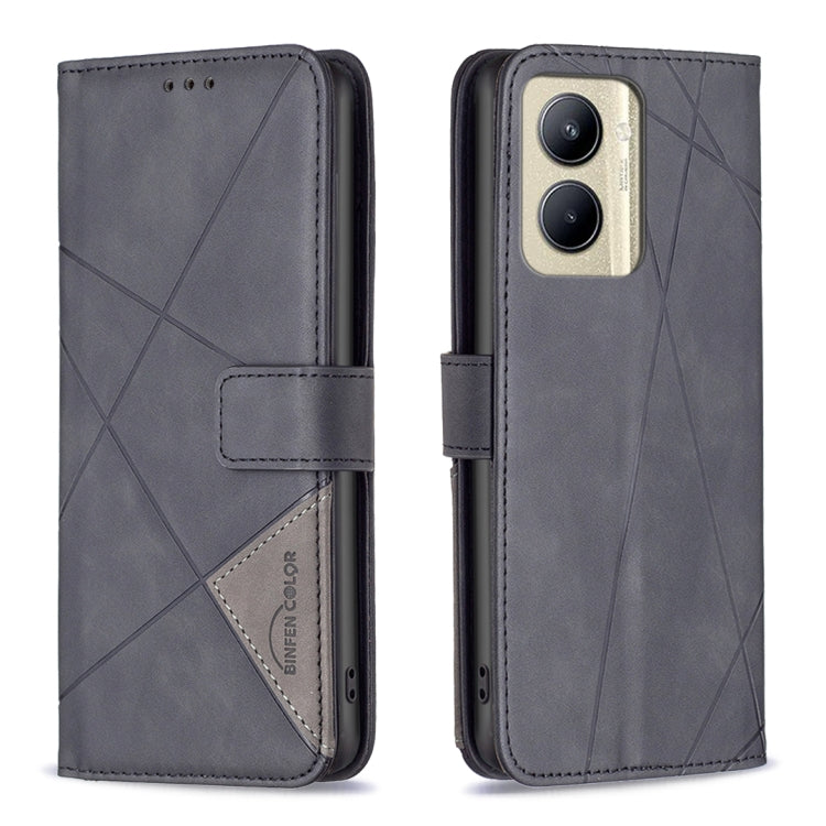 Charcoal grey leather phone case with rhombus texture, magnetic buckle closure, card holder flap