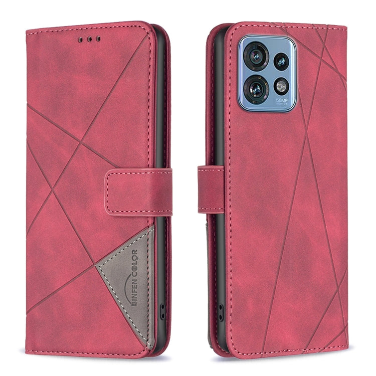 Red leather phone case with rhombus texture, magnetic buckle closure, card holder flap