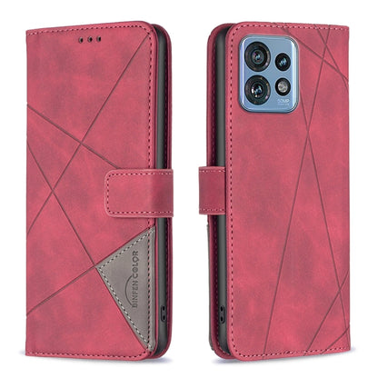 Red leather phone case with rhombus texture, magnetic buckle closure, card holder flap