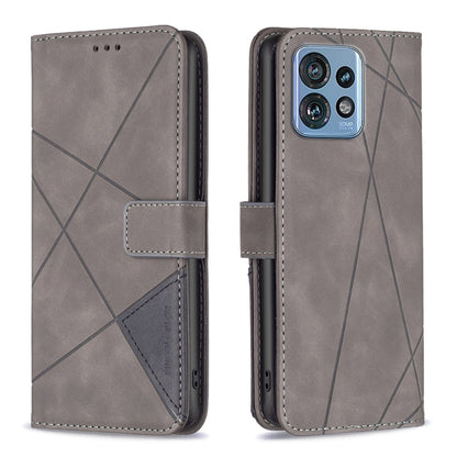 Grey magnetic buckle leather phone case with rhombus texture, folio wallet and card slot