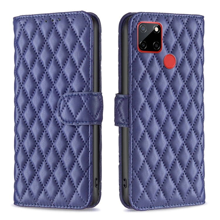 Blue diamond lattice wallet flip leather phone case with card slot and cover flap