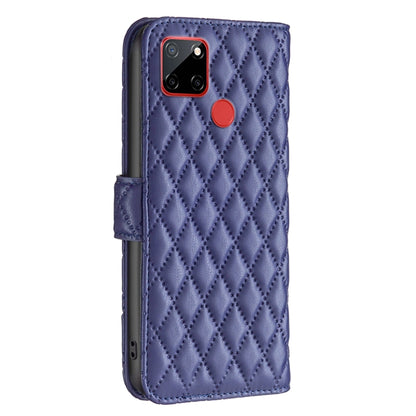 Blue diamond lattice wallet flip leather phone case with camera cutout and card pocket