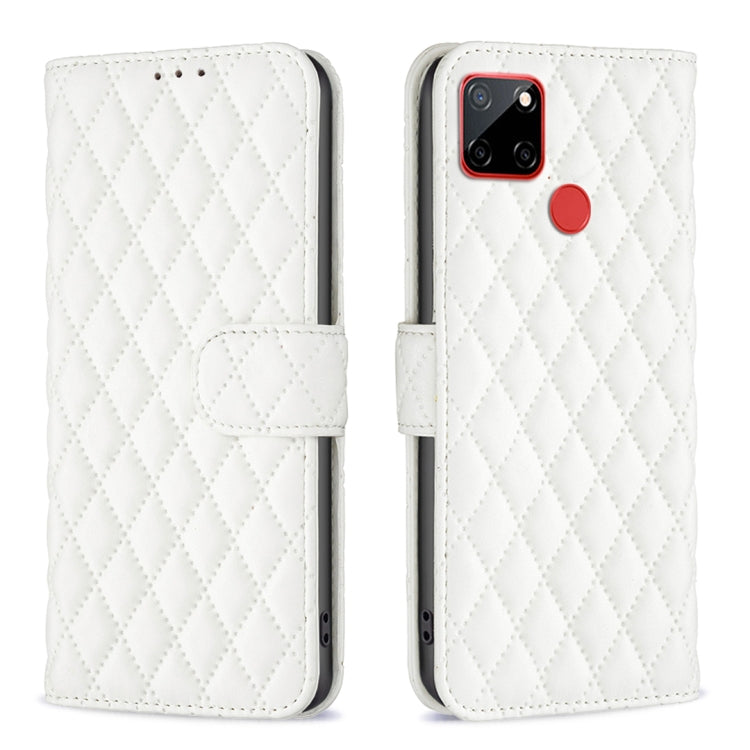 White diamond lattice wallet flip leather phone case with card pocket and cover strap