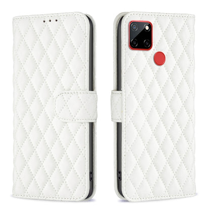 White diamond lattice wallet flip leather phone case with card pocket and cover strap