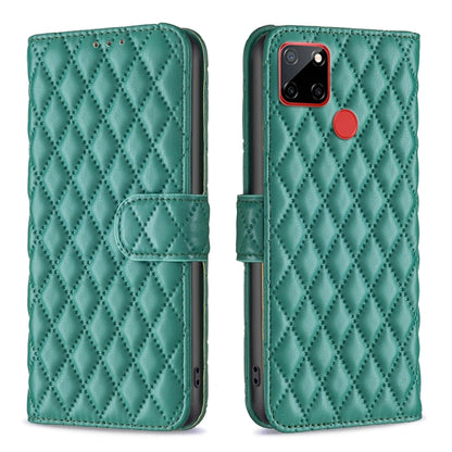 Green diamond lattice wallet flip leather phone case with card pocket and camera cutout