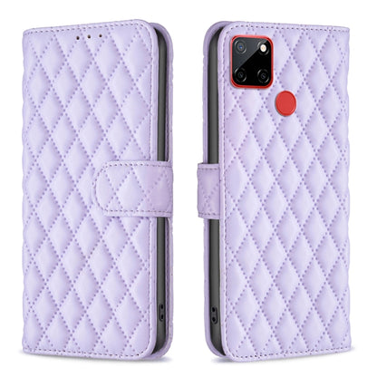 Purple diamond lattice wallet flip leather phone case with card pocket and cover strap