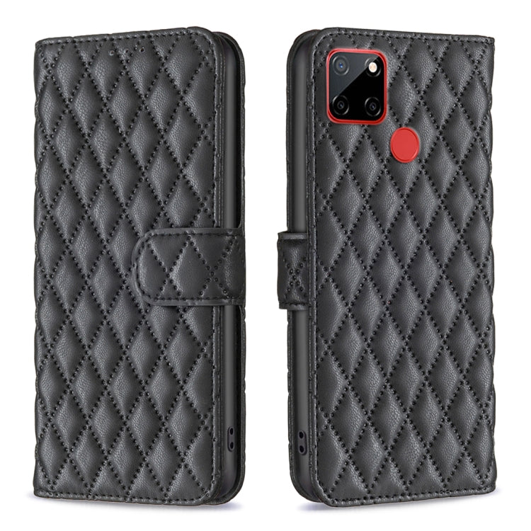 Black diamond lattice wallet flip phone case with card holder and stand strap