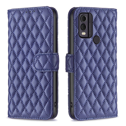 Blue diamond lattice wallet flip phone case with card slot and front strap