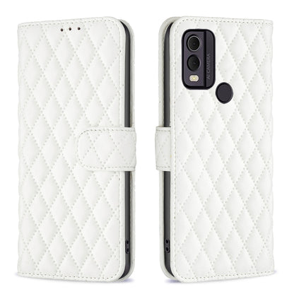 White diamond lattice wallet flip phone case with card holder and side openings