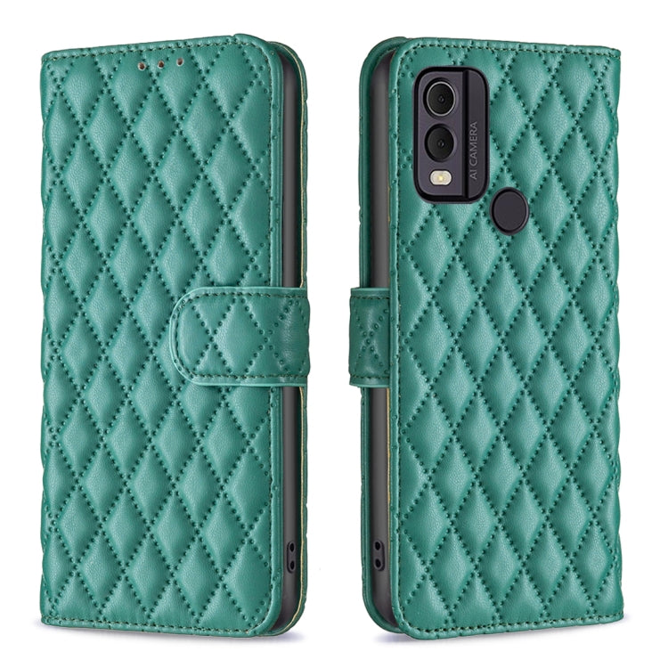 Green diamond lattice wallet flip phone case with card holder and magnetic strap