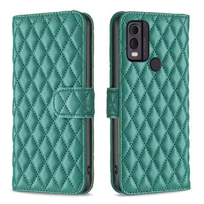 Green diamond lattice wallet flip phone case with card holder and magnetic strap