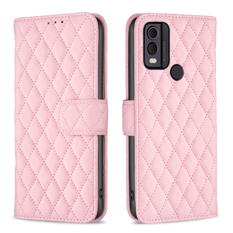 Pink diamond lattice wallet flip phone case with card holder and front closure strap