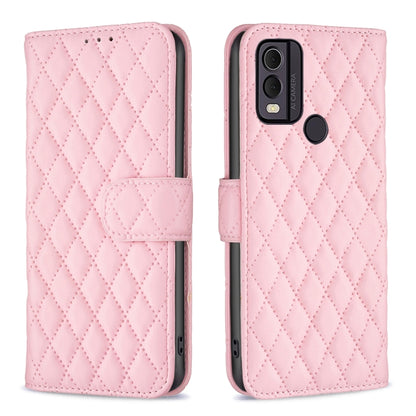 Pink diamond lattice wallet flip phone case with card holder and front closure strap
