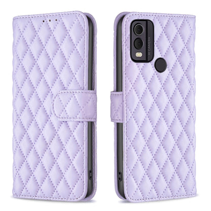 Lavender diamond lattice wallet flip phone case with card holder and side button cutouts