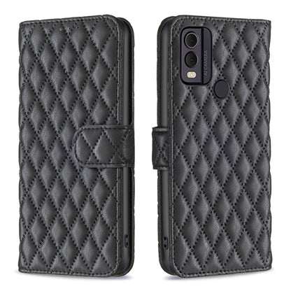 Black diamond lattice leather wallet flip phone case with card slot and camera opening