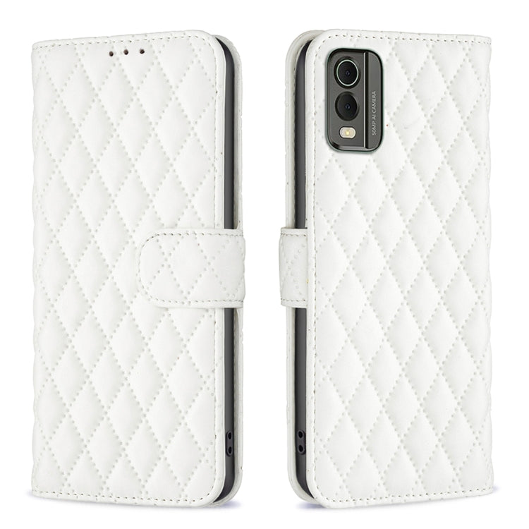 White diamond lattice wallet flip phone case with card holder pocket and camera opening