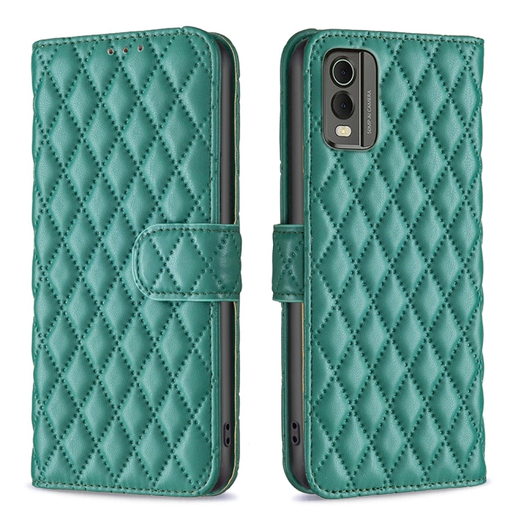 Green diamond lattice wallet flip phone case with card slot and camera cutout