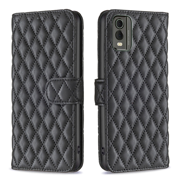 Black diamond-lattice wallet flip phone case with folio strap and dual camera cutout