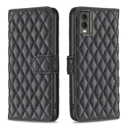 Black diamond-lattice wallet flip phone case with folio strap and dual camera cutout