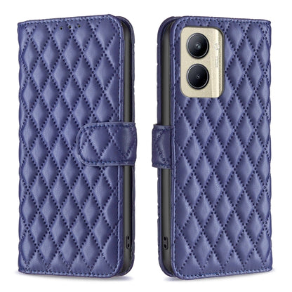 Blue diamond-lattice wallet flip phone case with folio strap and camera cutout