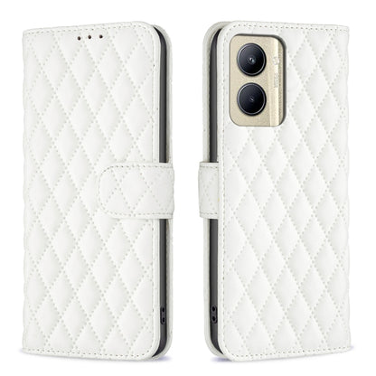 White diamond-lattice wallet flip phone case with folio strap and camera cutout