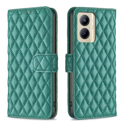 Green diamond-lattice wallet flip phone case with folio strap and dual camera cutout