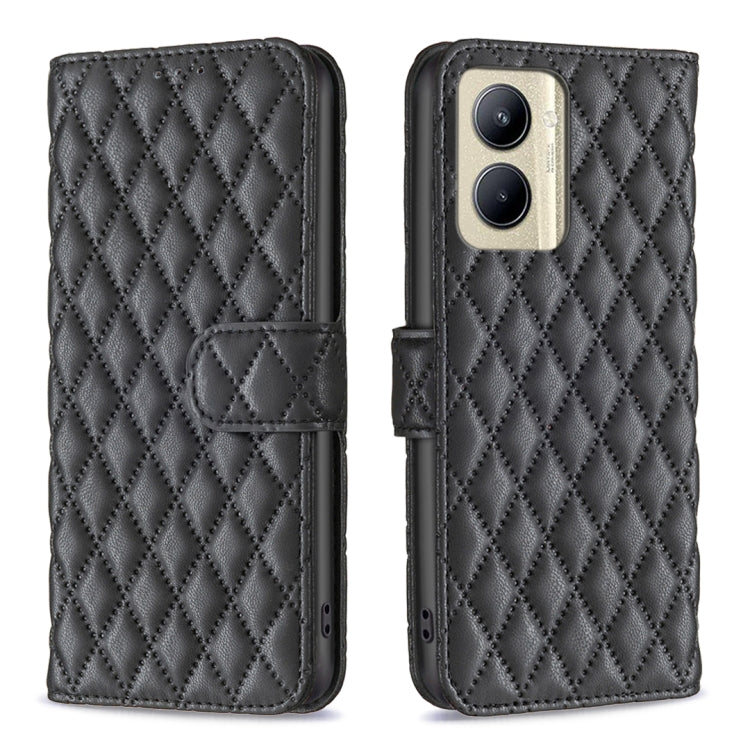 Dark charcoal diamond-lattice wallet flip phone case with folio strap and camera window