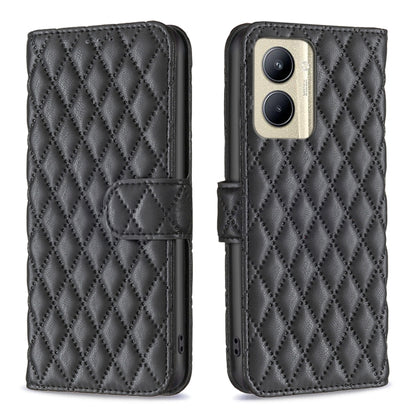 Dark charcoal diamond-lattice wallet flip phone case with folio strap and camera window