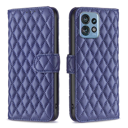 Navy diamond-lattice wallet flip phone case with folio strap and multi-lens camera cutout
